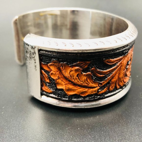 Vtg Peyote Bird Designer Tooled Leather Cuff Bracelet, Sterling Silver, 40.4 Gm - Picture 4 of 15